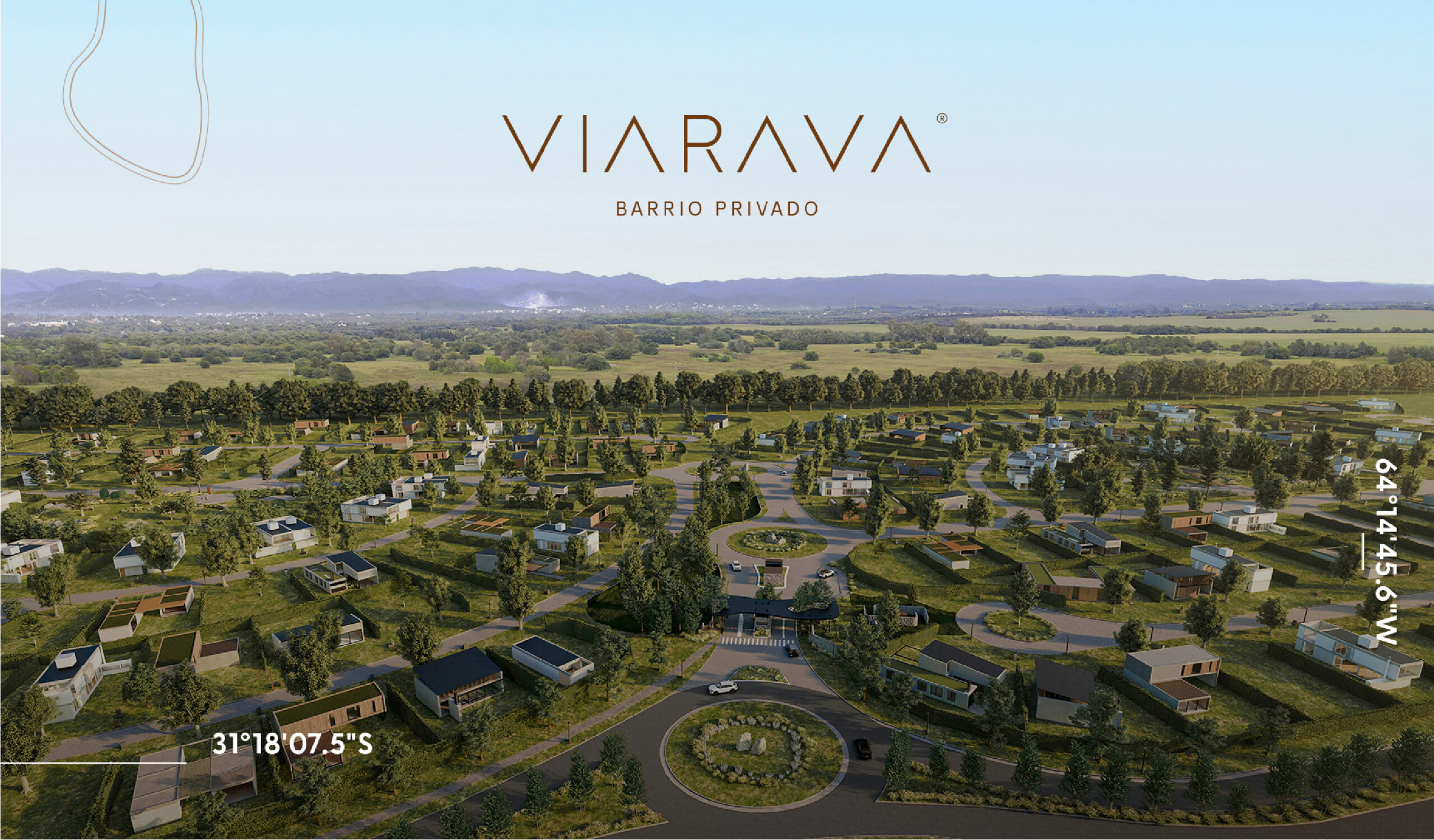 Vista aérea de Viarava, barrio privado en Sierras Chicas, con casas modernas, calles curvas, lotes amplios y abundante arboleda, rodeado de paisaje natural.