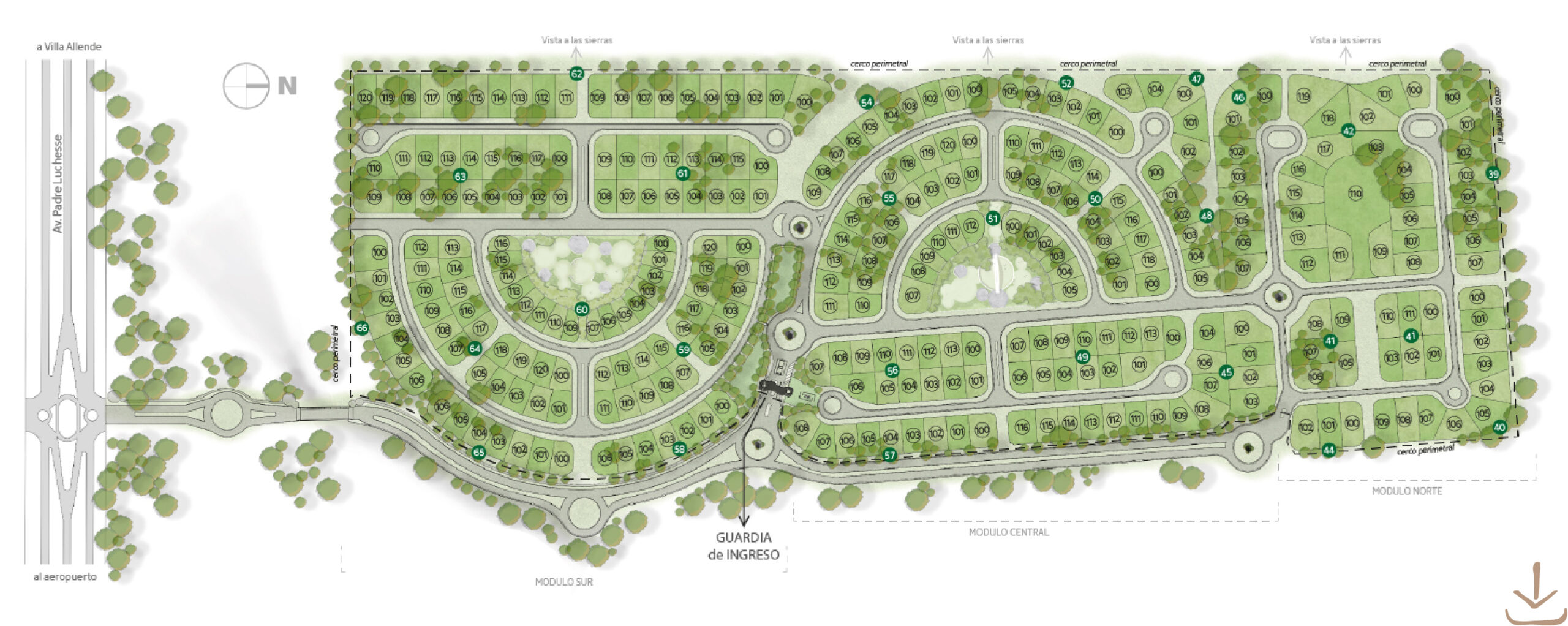 Plano masterplan de Viarava con distribución de lotes, calles curvas, espacios verdes, acceso principal y organización por módulos.