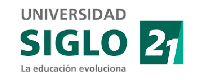 Logo de Universidad Siglo 21 con tipografía en gris y verde y el número 21 destacado en un recuadro.