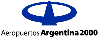 Logo de Aeropuertos Argentina 2000 en color azul con símbolo circular y tipografía en negro.